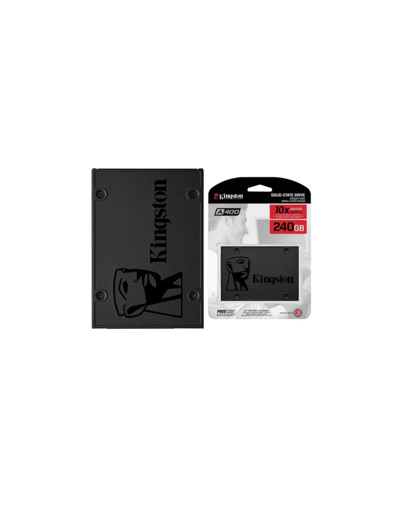 Disco de estado sólido SSD Kingston A400 de 240GB formato 2.5 pulgadas SATA III color gris sobre una laptop Disco de estado sólido SSD Kingston A400 de 240GB formato 2.5 pulgadas SATA III color gris sobre una laptop