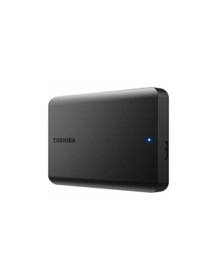 Disco duro externo portátil Toshiba Canvio Basics de 1TB en acabado negro mate conectado a una computadora portátil