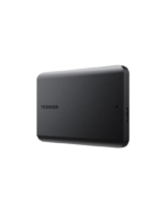 Disco duro externo portátil Toshiba Canvio Basics de 4TB en acabado negro mate conectado a una computadora portátil