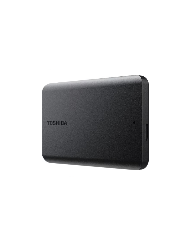 Disco duro externo portátil Toshiba Canvio Basics de 4TB en acabado negro mate conectado a una computadora portátil Disco duro externo portátil Toshiba Canvio Basics de 4TB en acabado negro mate conectado a una computadora portátil