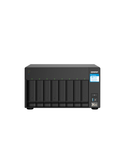 Servidor NAS de almacenamiento en red QNAP TS-832PX-4G de 8 bahías tipo torre con puertos 10GbE SFP+ y ranura PCIe.