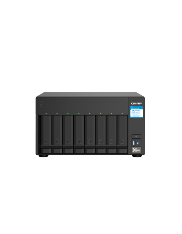Servidor NAS de almacenamiento en red QNAP TS-832PX-4G de 8 bahías tipo torre con puertos 10GbE SFP+ y ranura PCIe.