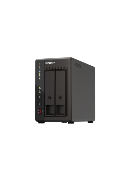 Servidor NAS de escritorio QNAP TS-253E-8G de 2 bahías tipo torre con puertos 2.5GbE y ranuras M.2 NVMe.