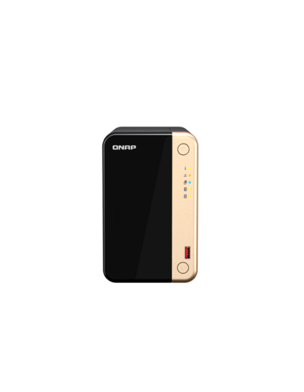 Servidor NAS de escritorio QNAP TS-264-8G de 2 bahías tipo torre con puertos 2.5GbE y ranuras SSD NVMe.