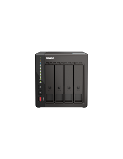 Servidor NAS de escritorio QNAP TS-453E-8G de 4 bahías tipo torre con puertos 2.5GbE y ranuras M.2 NVMe.