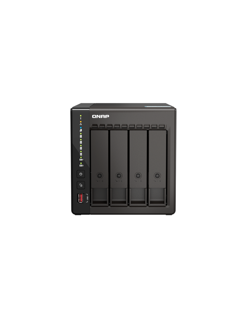 Servidor NAS de escritorio QNAP TS-453E-8G de 4 bahías tipo torre con puertos 2.5GbE y ranuras M.2 NVMe Servidor NAS de escritorio QNAP TS-453E-8G de 4 bahías tipo torre con puertos 2.5GbE y ranuras M.2 NVMe.